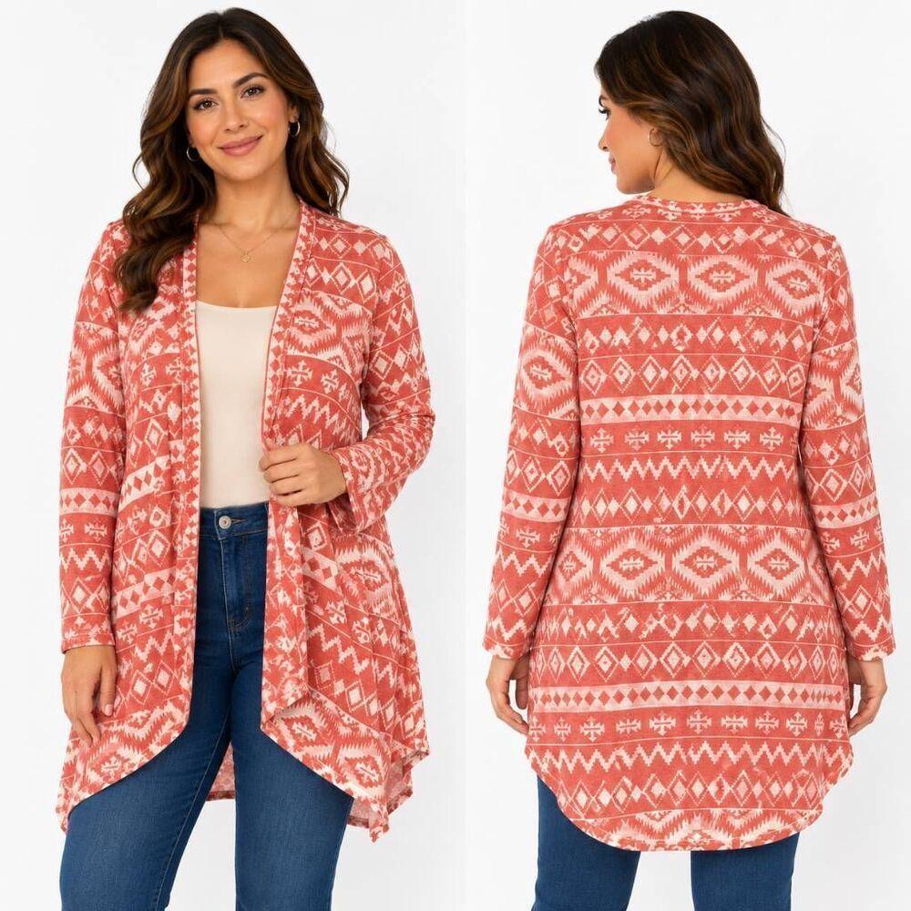 Maurices Coral Tribal Print Open Cardigan Medium
